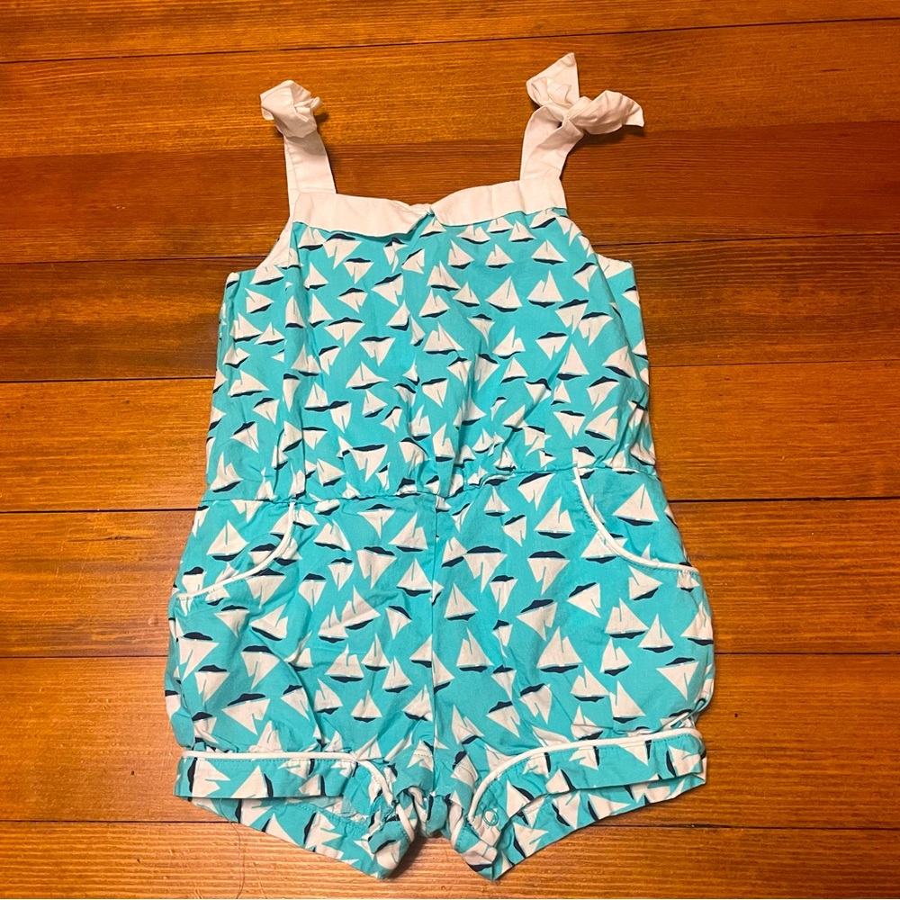 Janie and Jack Turquoise & White Sailboat Print Cotton Romper Size 18-24 Months